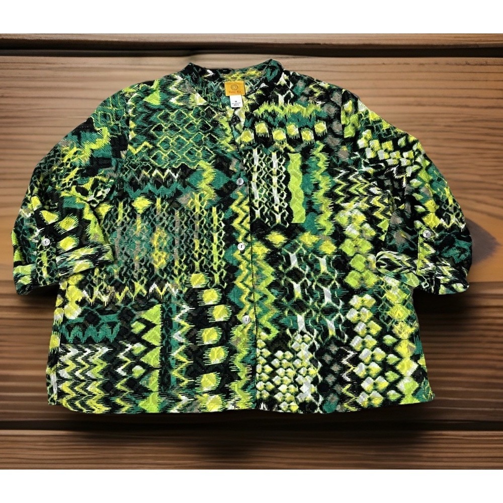 Ruby Rd‎ Jacket Womens Sz-18 Green Palm Print Button Up Sheer Lightweight Top